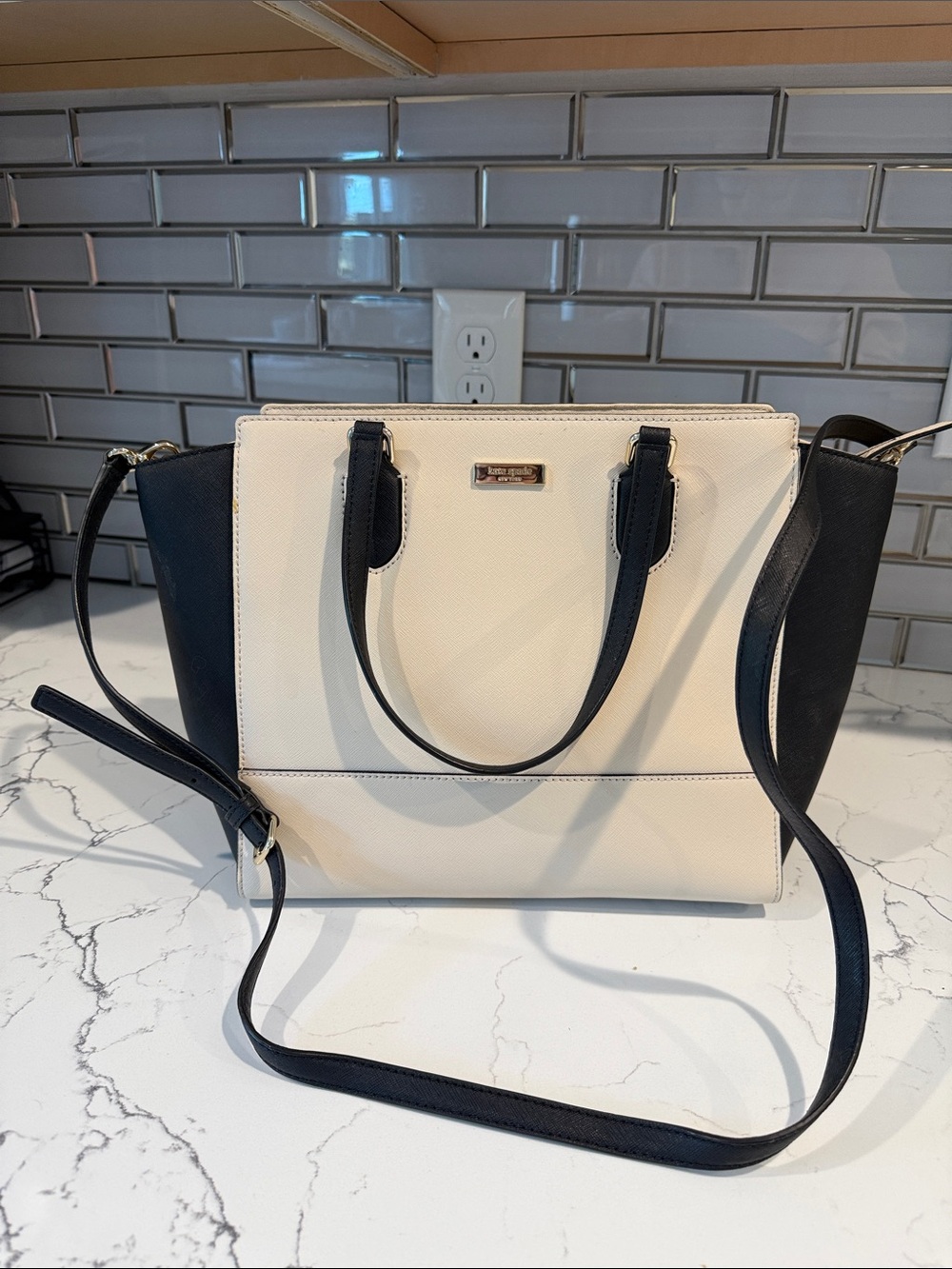 Baby Pink and Black Structured Satchel with Crossbody Strap